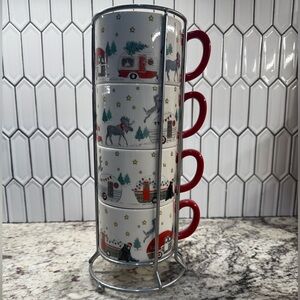 Festive Camper Stacking Mugs with Animals - Set of 4 with Metal Rack